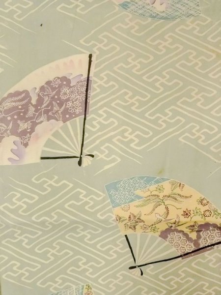 Photo2: N0227U Vintage Japanese Kimono Grayish Greenish Light Blue NAGOYA OBI sash Flower Silk. (Grade D) (2)