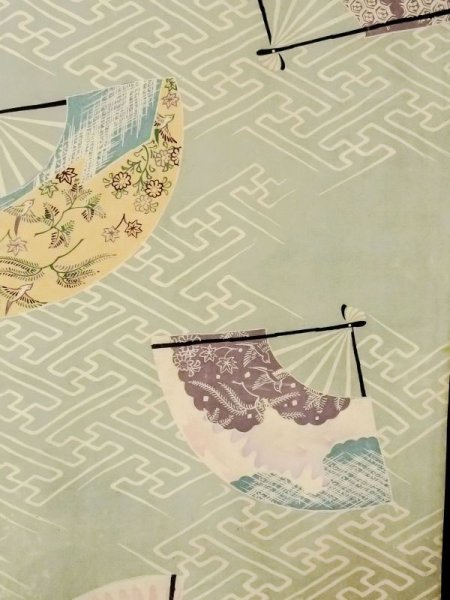 Photo3: N0227U Vintage Japanese Kimono Grayish Greenish Light Blue NAGOYA OBI sash Flower Silk. (Grade D) (3)