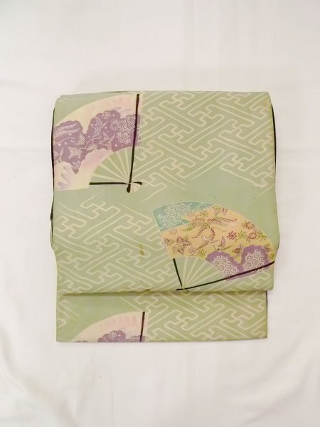 Photo11: N0227U Vintage Japanese Kimono Grayish Greenish Light Blue NAGOYA OBI sash Flower Silk. (Grade D) (11)