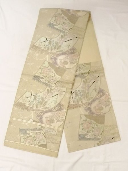 Photo1: N0227W Vintage Japanese Kimono Pale Grayish Yellowish Green FUKURO OBI sash Flower Silk. (Grade D) (1)
