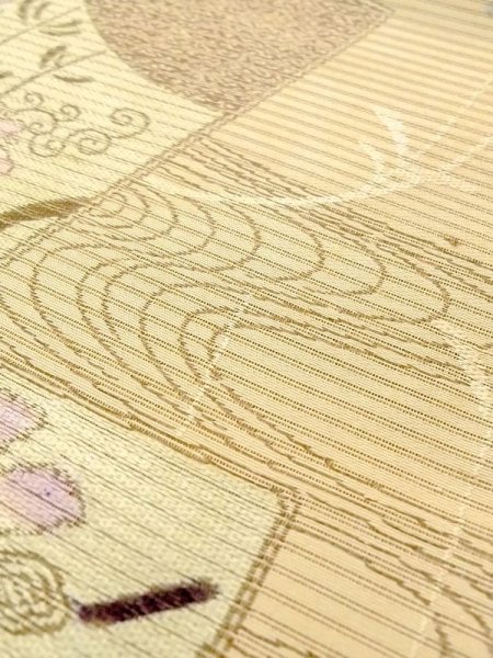 Photo8: N0227W Vintage Japanese Kimono Pale Grayish Yellowish Green FUKURO OBI sash Flower Silk. (Grade D) (8)