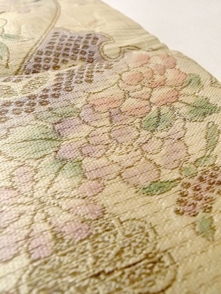 Photo9: N0227W Vintage Japanese Kimono Pale Grayish Yellowish Green FUKURO OBI sash Flower Silk. (Grade D) (9)