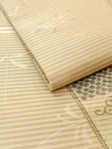 Photo10: N0227W Vintage Japanese Kimono Pale Grayish Yellowish Green FUKURO OBI sash Flower Silk. (Grade D) (10)