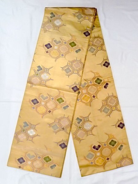 Photo1: N0227X Vintage Japanese Kimono   Gold FUKURO OBI sash Diamond-shaped flowers Silk. (Grade C) (1)