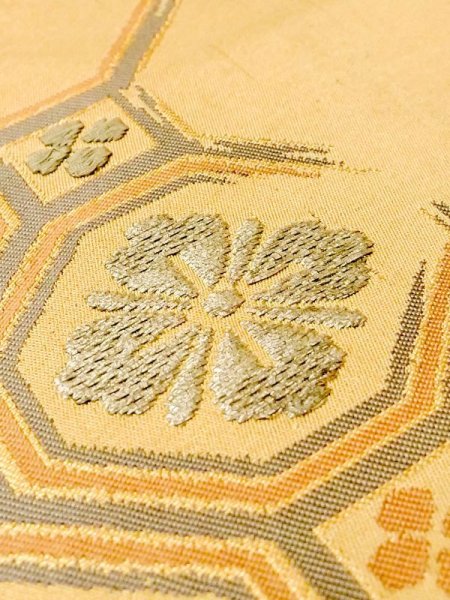 Photo7: N0227X Vintage Japanese Kimono   Gold FUKURO OBI sash Diamond-shaped flowers Silk. (Grade C) (7)