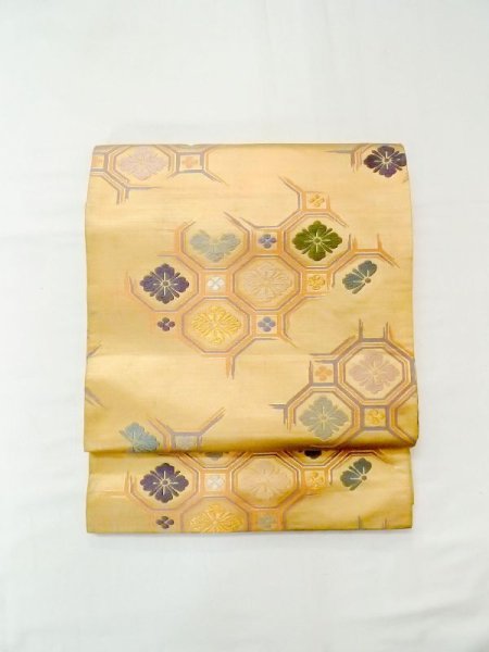 Photo9: N0227X Vintage Japanese Kimono   Gold FUKURO OBI sash Diamond-shaped flowers Silk. (Grade C) (9)