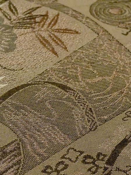 Photo7: N0227Y Vintage Japanese Kimono   Olive FUKURO OBI sash Pine tree/branch/needle Silk. (Grade C) (7)