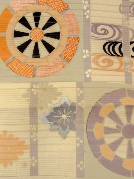 Photo3: N0227Z Vintage Japanese Kimono   Ivory FUKURO OBI sash Stream Silk. (Grade D) (3)