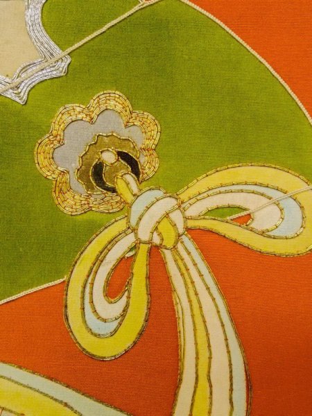 Photo6: N0228A Vintage Japanese Kimono  Vivid Orange FUKURO OBI sash Chrysanthemum Silk. (Grade D) (6)