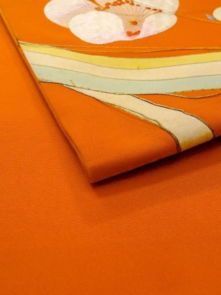 Photo10: N0228A Vintage Japanese Kimono  Vivid Orange FUKURO OBI sash Chrysanthemum Silk. (Grade D) (10)