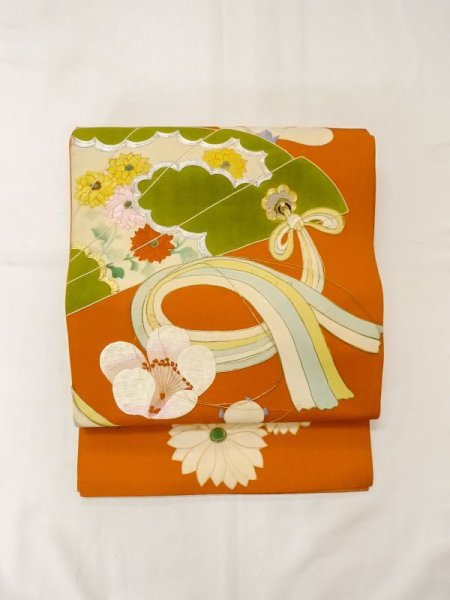 Photo11: N0228A Vintage Japanese Kimono  Vivid Orange FUKURO OBI sash Chrysanthemum Silk. (Grade D) (11)