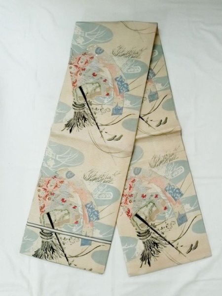 Photo1: N0228B Vintage Japanese Kimono   Ivory FUKURO OBI sash Flower Silk. (Grade C) (1)