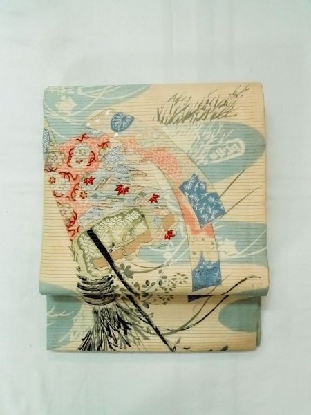 Photo10: N0228B Vintage Japanese Kimono   Ivory FUKURO OBI sash Flower Silk. (Grade C) (10)