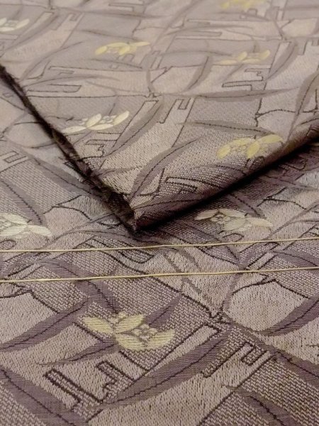 Photo7: N0228D Vintage Japanese Kimono  Grayish Olive FUKURO OBI sash Flower Silk. (Grade C) (7)