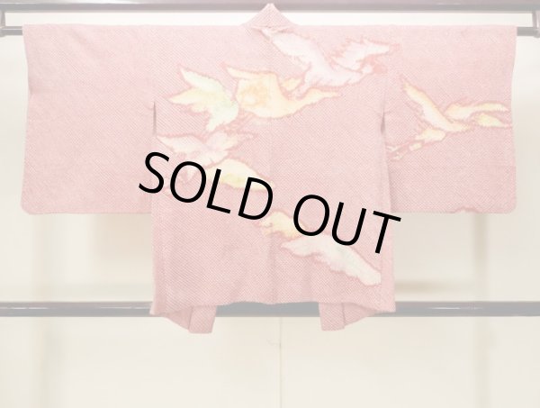 Photo2: Mint N0305B Vintage Japanese women   Red HAORI short jacket / Silk. Bird,   (Grade A) (2)