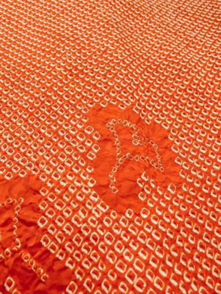 Photo8: N0305J Vintage Japanese women  Vivid Orange HAORI short jacket / Silk. Dapple pattern Gingko nut leaf pattern  (Grade B) (8)