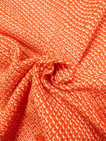Photo11: N0305J Vintage Japanese women  Vivid Orange HAORI short jacket / Silk. Dapple pattern Gingko nut leaf pattern  (Grade B) (11)