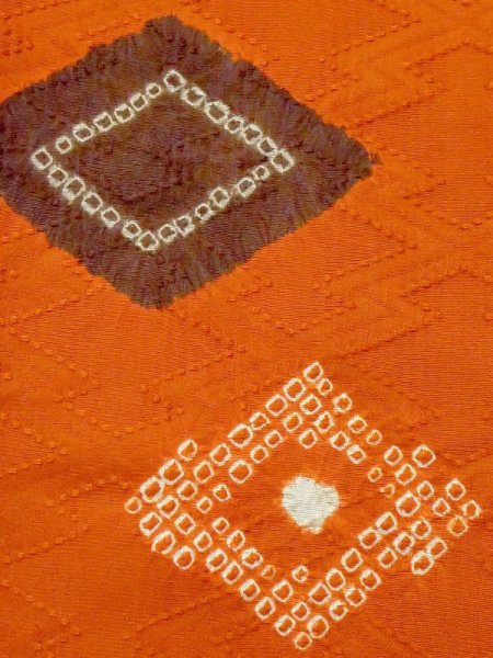 Photo5: N0321B Vintage Japanese women   Orange MICHIYUKI outer coat / Silk. Pine bark lozenges,   (Grade C) (5)