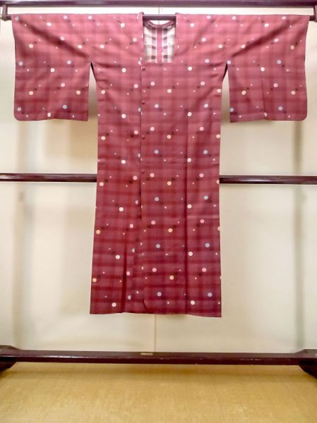 Photo1: N0321Q Vintage Japanese women   Dark Red Rain coat / Silk. Dot,   (Grade C) (1)