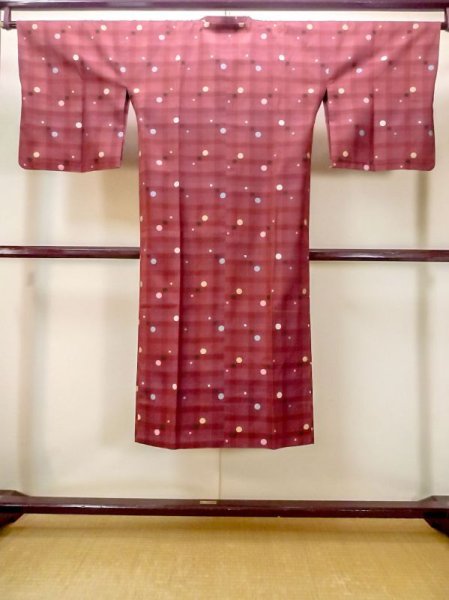 Photo2: N0321Q Vintage Japanese women   Dark Red Rain coat / Silk. Dot,   (Grade C) (2)