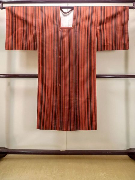 Photo1: N0321X Vintage Japanese women  Shiny Orange Rain coat / Synthetic. Stripes   (Grade B) (1)