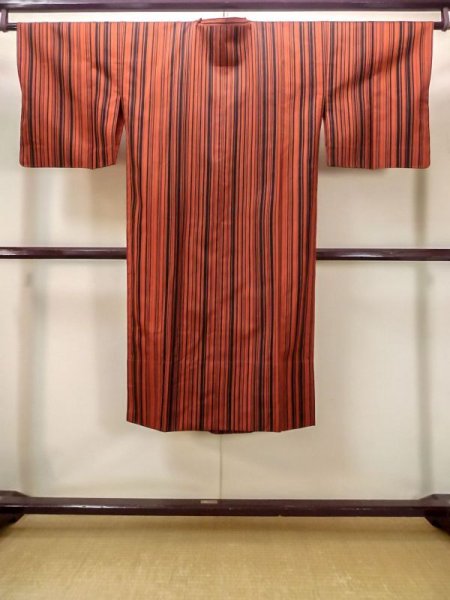 Photo2: N0321X Vintage Japanese women  Shiny Orange Rain coat / Synthetic. Stripes   (Grade B) (2)