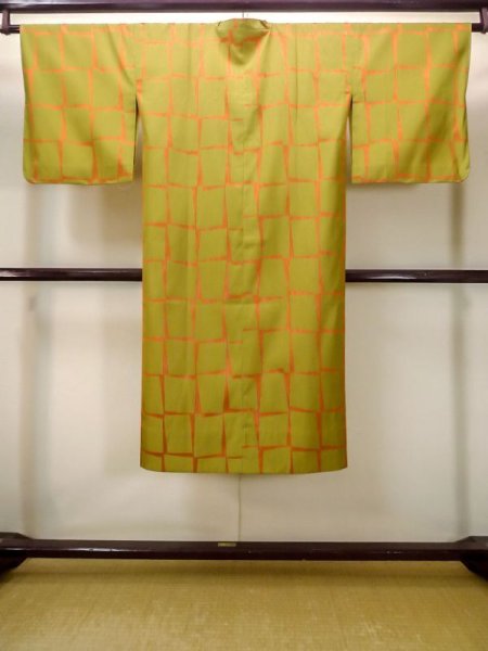 Photo2: Mint N0321Y Vintage Japanese women   Yellowish Green Rain coat / Synthetic. Stripes,   (Grade A) (2)