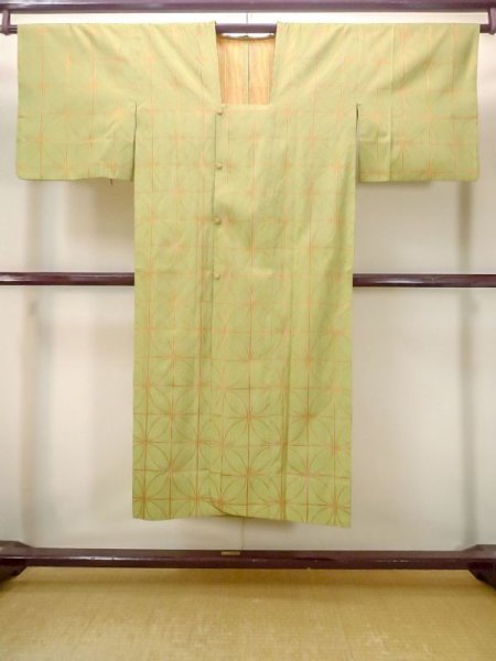 Photo1: N0322C Vintage Japanese women   Yellowish Green MICHIYUKI outer coat / Synthetic. Crossed circles,   (Grade B) (1)