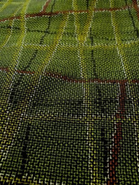 Photo10: N0409C Vintage Japanese women   Green TSUMUGI pongee / Silk. Plaid Checks   (Grade A) (10)