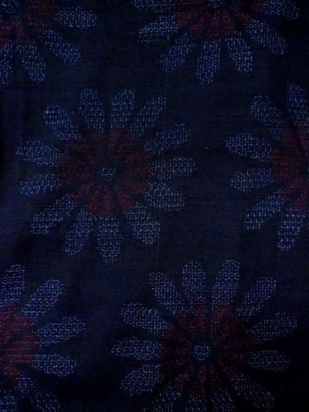 Photo3: N0409D Vintage Japanese women   Indigo Blue TSUMUGI pongee / Silk. Flower,   (Grade B) (3)