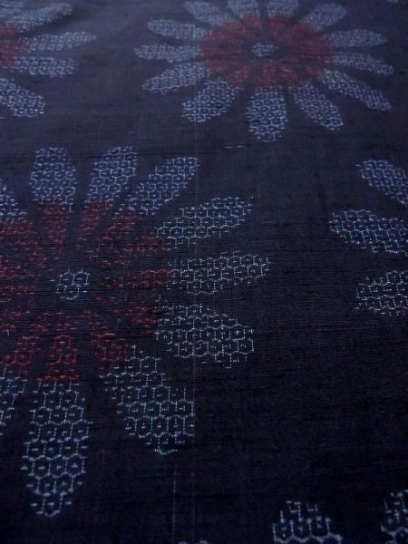 Photo9: N0409D Vintage Japanese women   Indigo Blue TSUMUGI pongee / Silk. Flower,   (Grade B) (9)