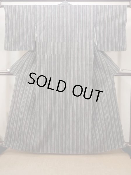 Photo1: Mint N0409H Vintage Japanese women  Grayish Multi Color TSUMUGI pongee / Silk. Stripes   (Grade A) (1)