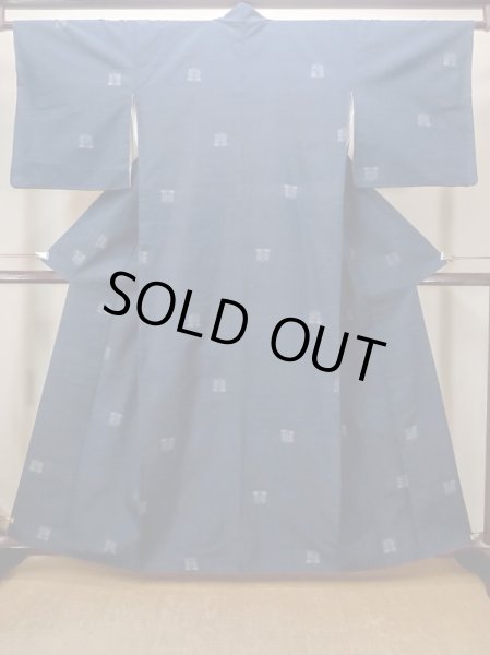 Photo1: Mint N0409I Vintage Japanese women   Navy Blue TSUMUGI pongee / Silk. Flower,   (Grade A) (1)