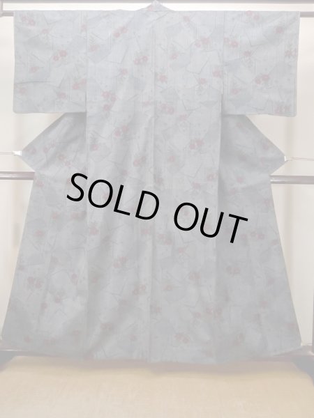 Photo2: Mint N0409K Vintage Japanese women   Gray TSUMUGI pongee / Silk. Flower,   (Grade A) (2)