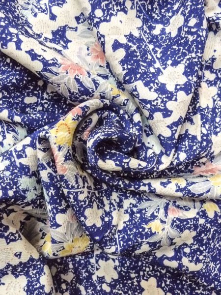 Photo12: N0409P Vintage Japanese women  Vivid Blue KOMON dyed / Silk. SAKURA cherry blossom   (Grade C) (12)