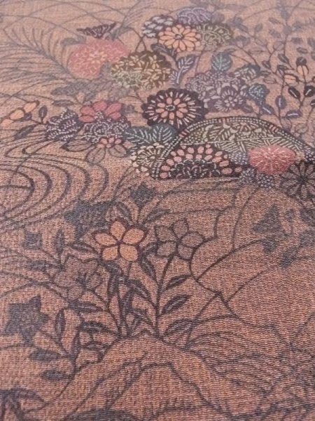 Photo9: N0409T Used Japanese women  Reddish Brown KOMON dyed / Silk. SAKURA cherry blossom,   (Grade B) (9)