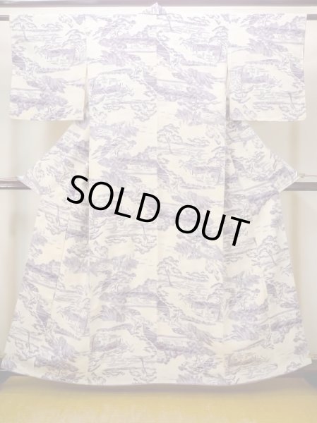 Photo1: N0409Z Vintage Japanese women   Ivory KOMON dyed / Silk. Pine tree/branch/needle,   (Grade B) (1)