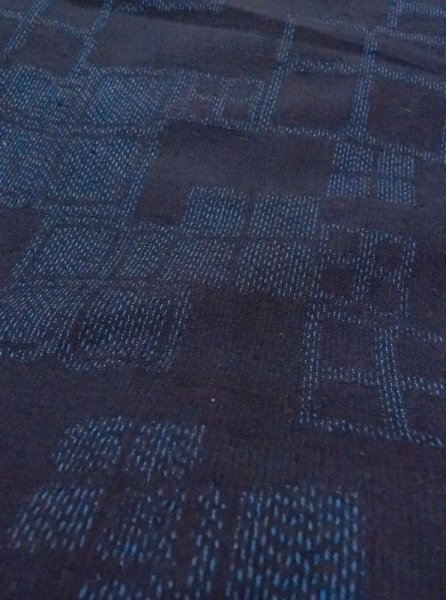 Photo10: Mint N0430G Vintage Japanese women   Indigo Blue TSUMUGI pongee / Silk. Quadrangle,   (Grade A) (10)
