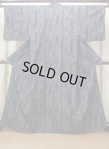 Photo1: Mint N0430I Vintage Japanese women   Navy Blue TSUMUGI pongee / Silk. Geometrical pattern   (Grade A) (1)