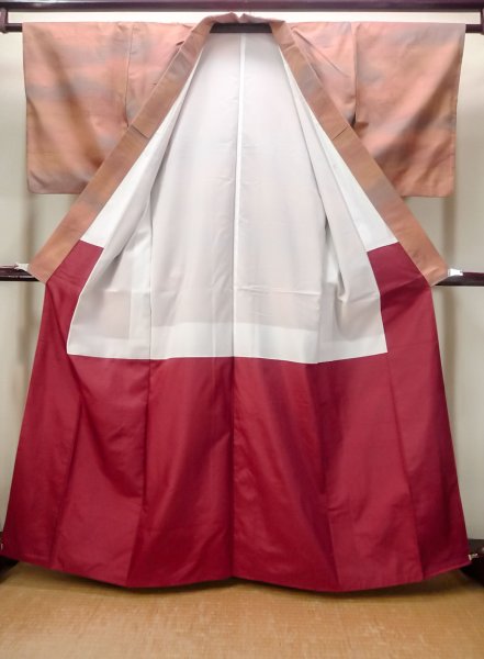 Photo2: N0430J Vintage Japanese women Pale Grayish Orange TSUMUGI pongee / Silk. Leaf,   (Grade B) (2)