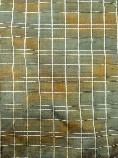 Photo4: N0430U Vintage Japanese women  Grayish Green TSUMUGI pongee / Silk. Plaid Checks   (Grade B) (4)