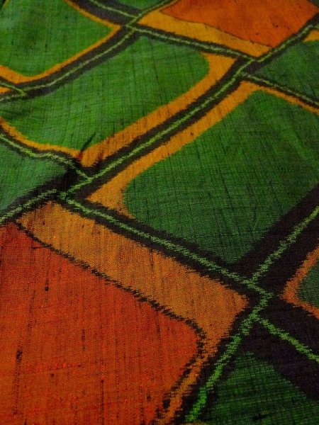 Photo9: Mint N0431A Used Japanese women   Green TSUMUGI pongee / Silk. Lozenges,   (Grade A) (9)