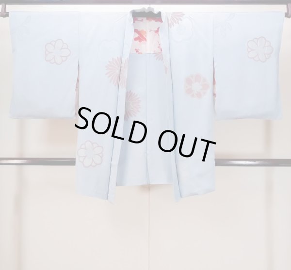 Photo1: N0509I Antique Japanese women  Pale Light Blue HAORI short jacket / Silk. Flower,   (Grade C) (1)