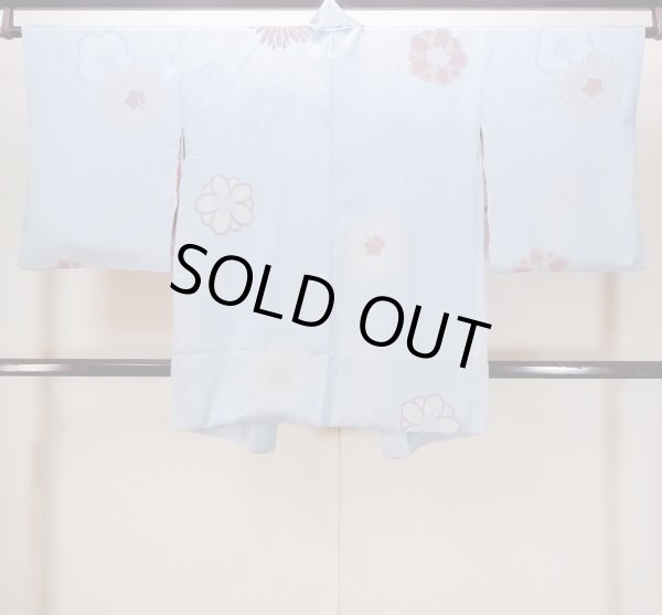 Photo2: N0509I Antique Japanese women  Pale Light Blue HAORI short jacket / Silk. Flower,   (Grade C) (2)