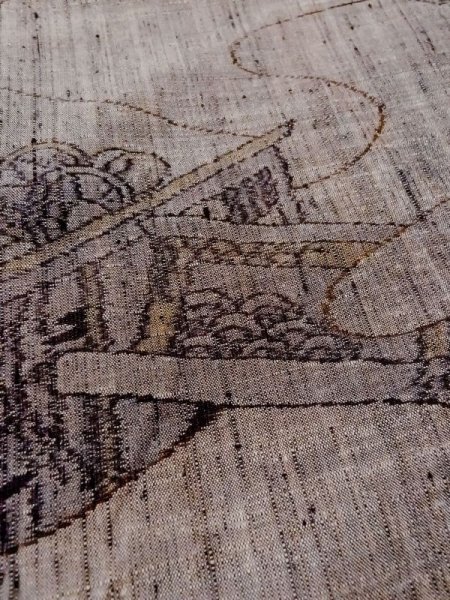 Photo8: N0509K Vintage Japanese women   Gray TSUMUGI pongee / Silk. TSUDUMI hand drum Picture roll, screen pattern  (Grade B) (8)