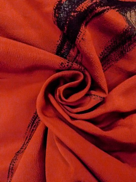 Photo12: N0509L Antique Japanese women  Reddish Orange ORI woven / Silk. Abstract pattern   (Grade C) (12)