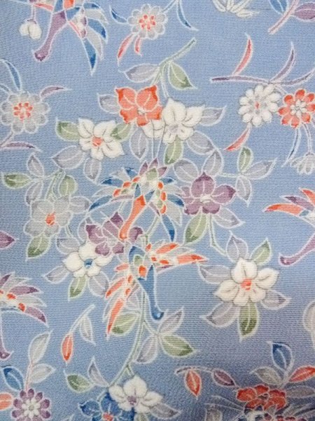 Photo7: N0509Q Used Japanese women  Grayish Light Blue KOMON dyed / Silk. Chrysanthemum,   (Grade B) (7)