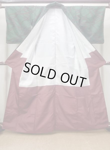 Photo2: Mint N0509T Vintage Japanese women  Dark Green TSUMUGI pongee / Silk. Line,   (Grade A) (2)