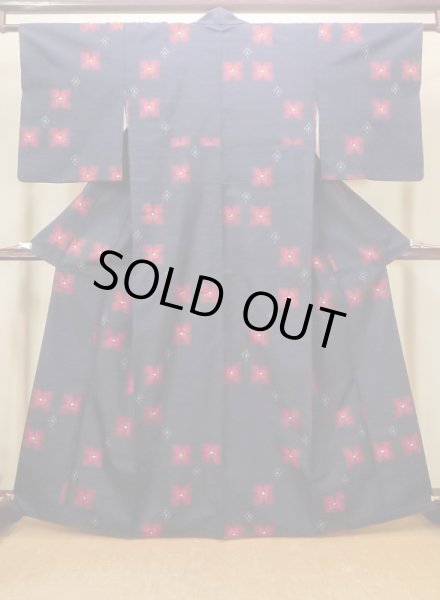 Photo1: Mint N0509X Vintage Japanese women   Navy Blue TSUMUGI pongee / Silk. Flower,   (Grade A) (1)