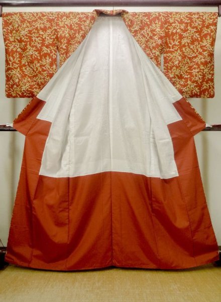 Photo2: N0510C Vintage Japanese women   Vermilion KOMON dyed / Silk. Tree   (Grade B) (2)